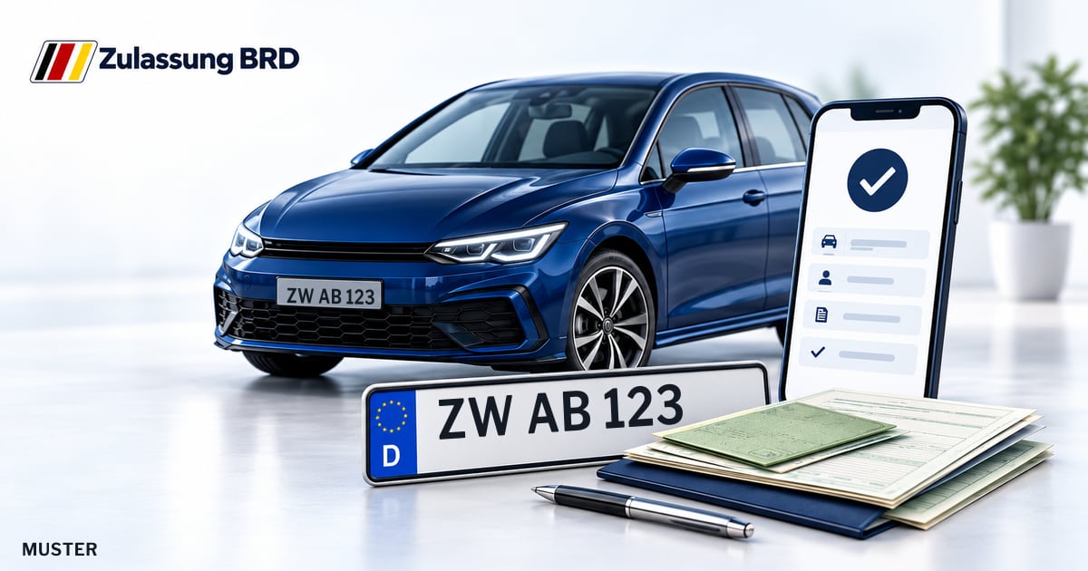 Online Fahrzeugzulassung in Zweibrücken: Musterkennzeichen ZW AB 123, Auto und Fahrzeugpapiere und Smartphone. Illustration mit Logo von Zulassung BRD.